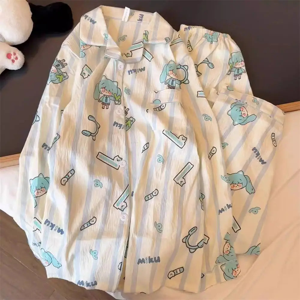 Hatsune Miku Cartoon Anime Thin Cotton Pajamas Two-piece Set Cute Spring and Autumn Student Home Wear Long-sleeved Trousers