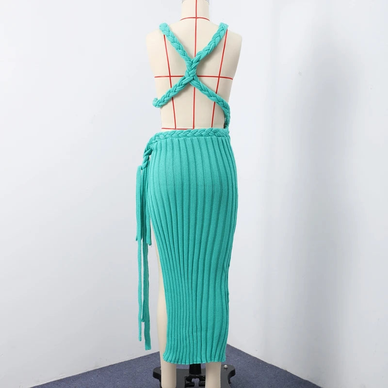 Sexy Knit High Slit Backless Long Dress Women Green Ribbed Hollow V-neck Dresses Female 2025 Summer Lady Beach Party Robes New