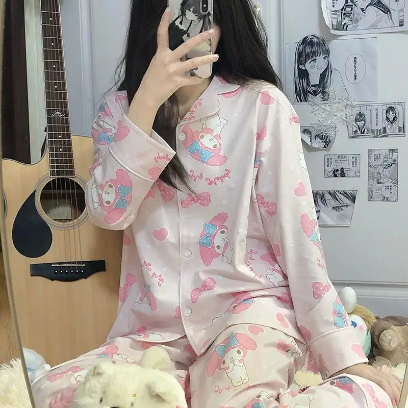 Cartoon Sanrio My Melody Long-Sleeved Pajamas Set Kawaii Cinnamoroll Printing Spring Autumn Thin Cute Girls Casual Home Clothes