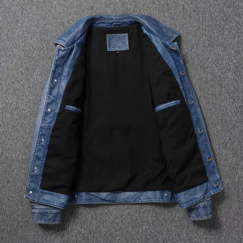 New Navy Blue Top Layer Cowhide Genuine Leather Jacket Men's Short Slim Fit Retro Motorcycle Lapel Casual Jacket Trendy