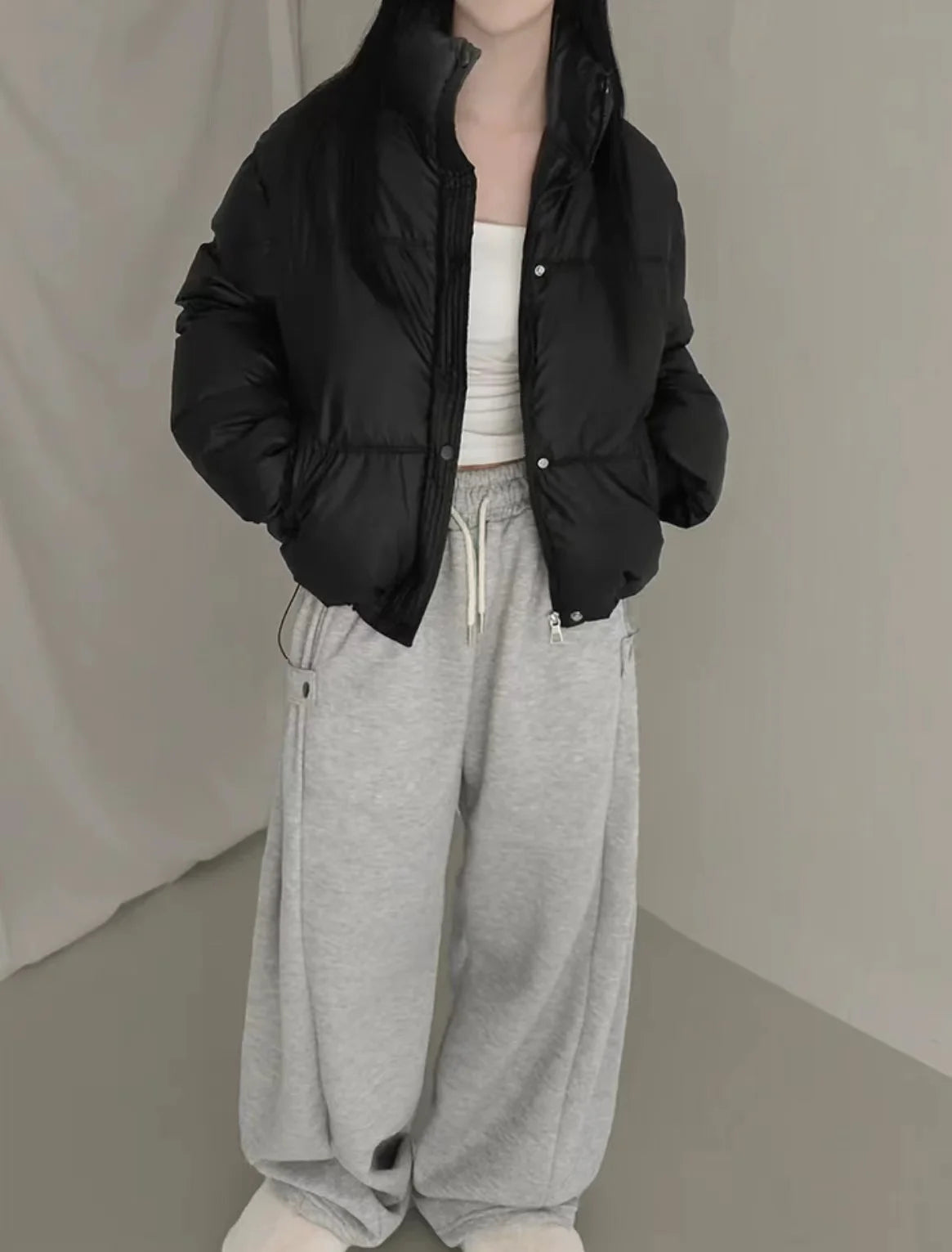 Women's Cotton Jaet 2024 New Winter ort Faion Stand Collar Bread Sle Warmth Outerwear Korean Loose Fit Zipper Closure