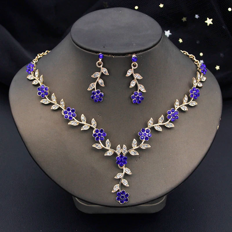 16 Colors Flower Jewelry Set Exquisite Rhinestone Pendant Party Women Fashion Romantic Choker Necklace Earring Accessory Set