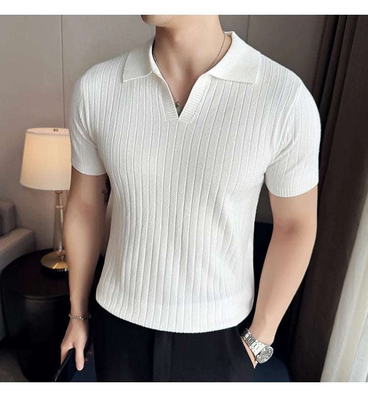 Men Striped Polo Shirt 2025 Summer Light Thin Breathable Solid Casual Elastic Slim Fit Short Sleeved V-neck T-shirt Men Clothing