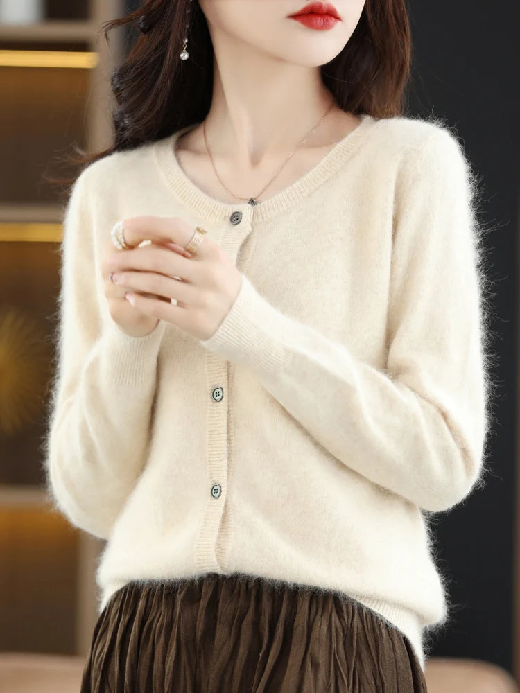 LHZSYY Women Cardigan Super Warm Pure Mink Cashmere Sweaters O-neck Loose Female Sweater Ladies' Solid Color Knit Cardigans
