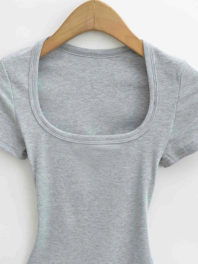 Summer square neck high elasticity crop top women's short sleeved sexy top slim fit pullover base shirt