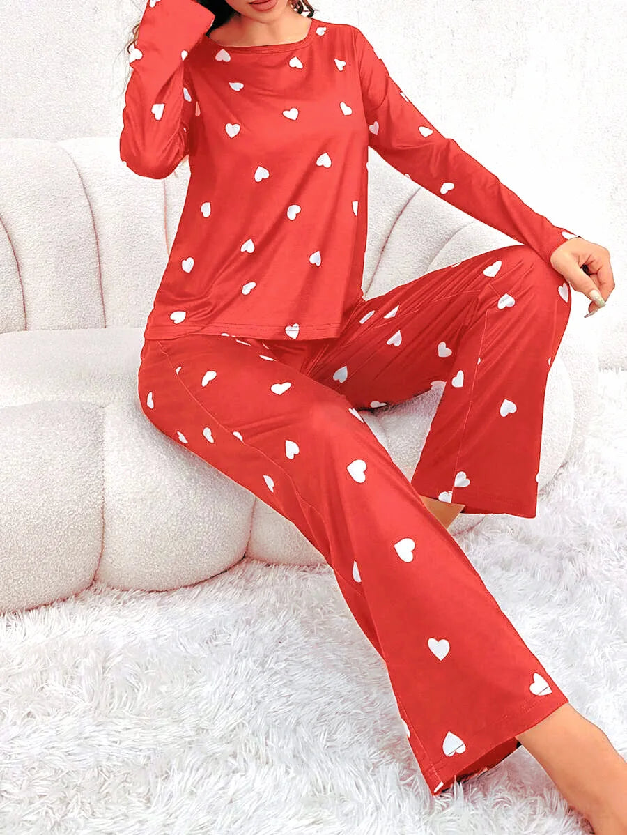 Women's Pajamas Casual Love Print Round Neck Long Sleeve Long Pants Fall and Winter Comfortable Set Girl Sleepwear Homewear