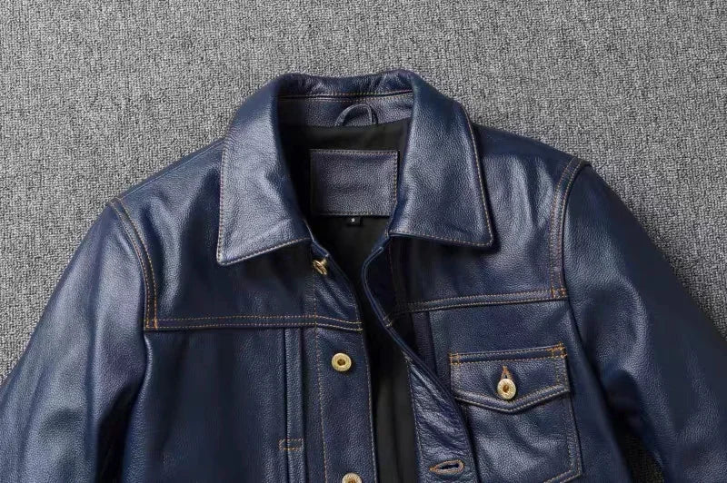 New Navy Blue Top Layer Cowhide Genuine Leather Jacket Men's Short Slim Fit Retro Motorcycle Lapel Casual Jacket Trendy