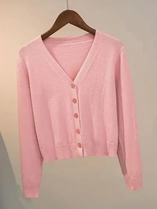 Sweater knitted cardigan button jacket 2024 autumn winter V-neck long sleeve casual short tops for women sweater Grey White