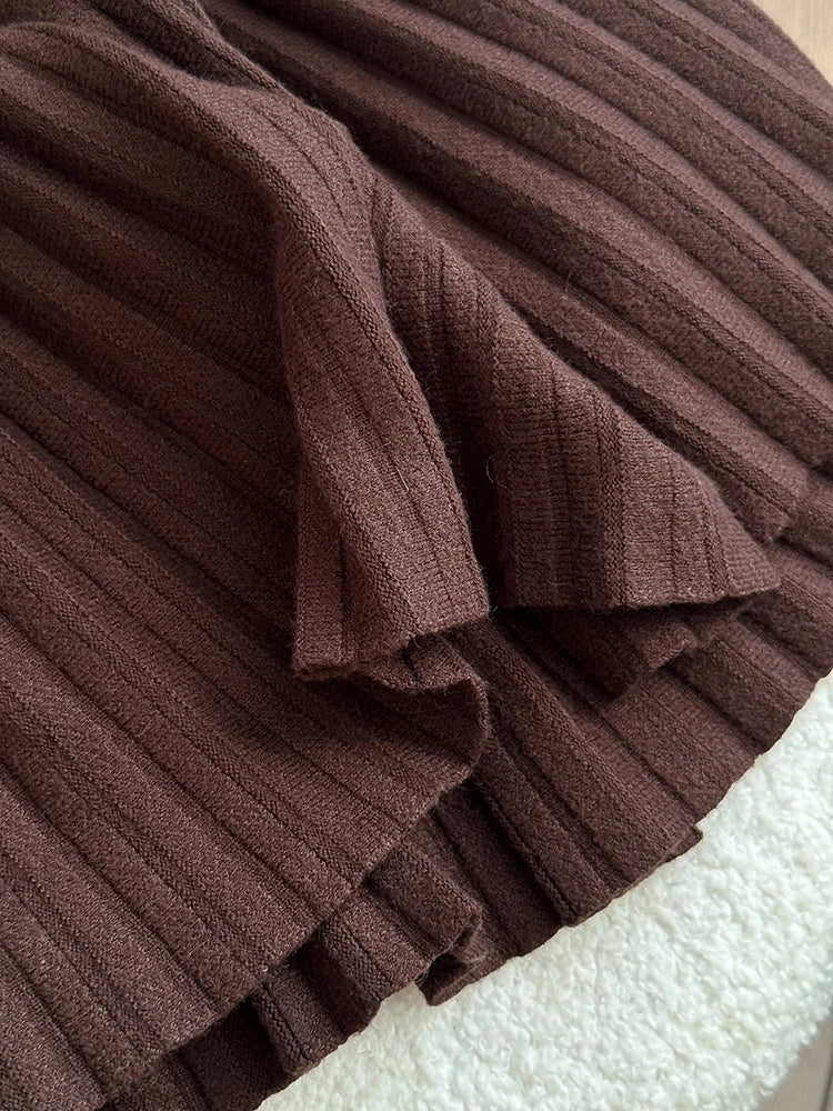 Knitted Pleated School Skirt Women Spring Winter Sexy A-line Women's Skirt Solid Casual High Waist Short Skirts For Woman Black