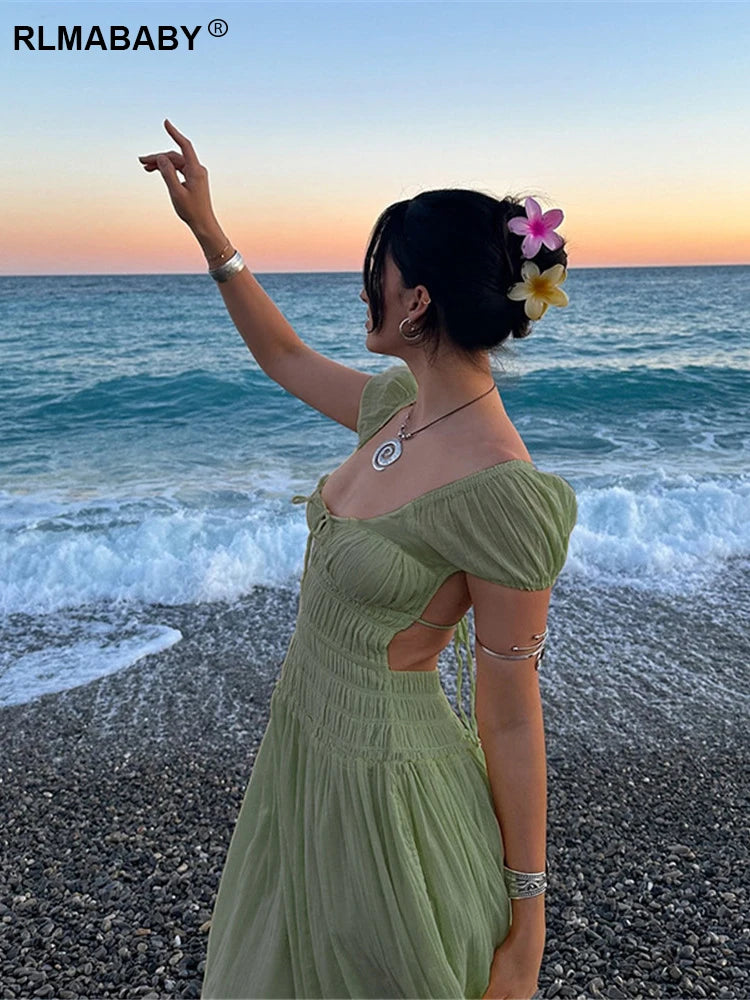 RLMABABY Fashion Casual Holiday Backless Maxi Bodycon Dress Women Summer Square Collar Short Sleeve Hottie Girl Sexy Long Dress