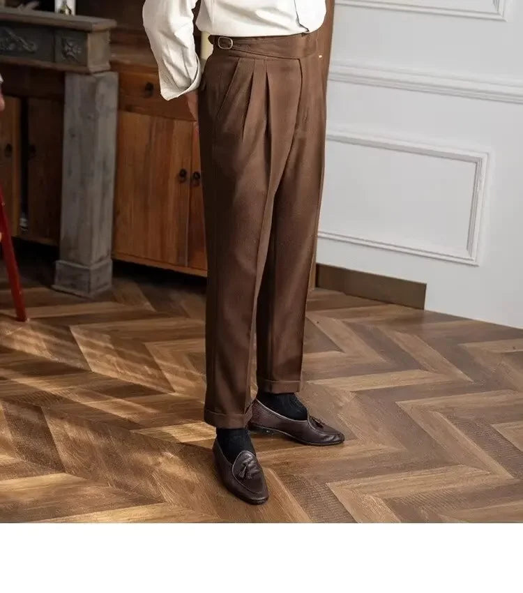 High-waisted Casual Straight-leg Suit Pants For Men Autumn Vintage Draped Waist Trousers Naples Retro Style Business Formal Wear