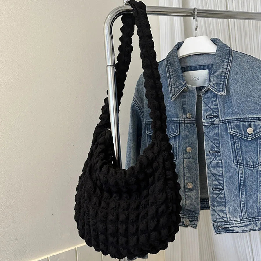 Crossbody Bag With Pleated Design Embroidered Plaid Shoulder Bag Underarm Bags Simple Large Capacity Quilted Tote Bags For Women