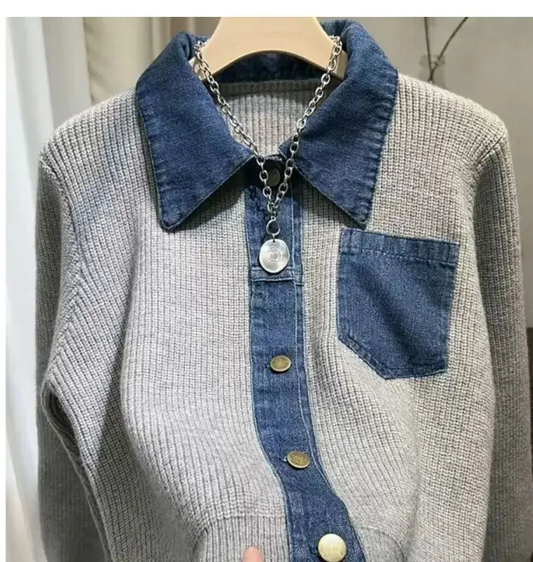 Women's Trendy Vintage Denim Patchwork Single Breasted Knitted Cardigan Autumn Casual Long Sleeve Loose Chic Pocket Sweater Coat