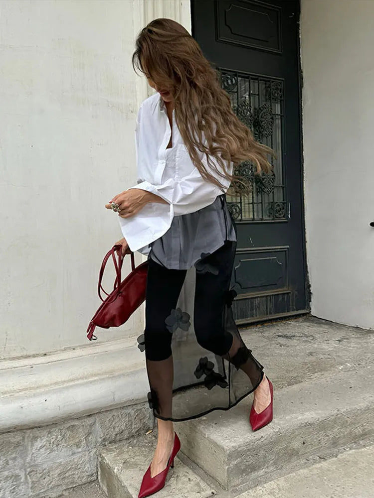 Y2K 3D Floral Gauze Long Skirts For Women 2025 Summer Spring Street See Through High Waist Maxi Skirt Lady Vacation Beach Skirt