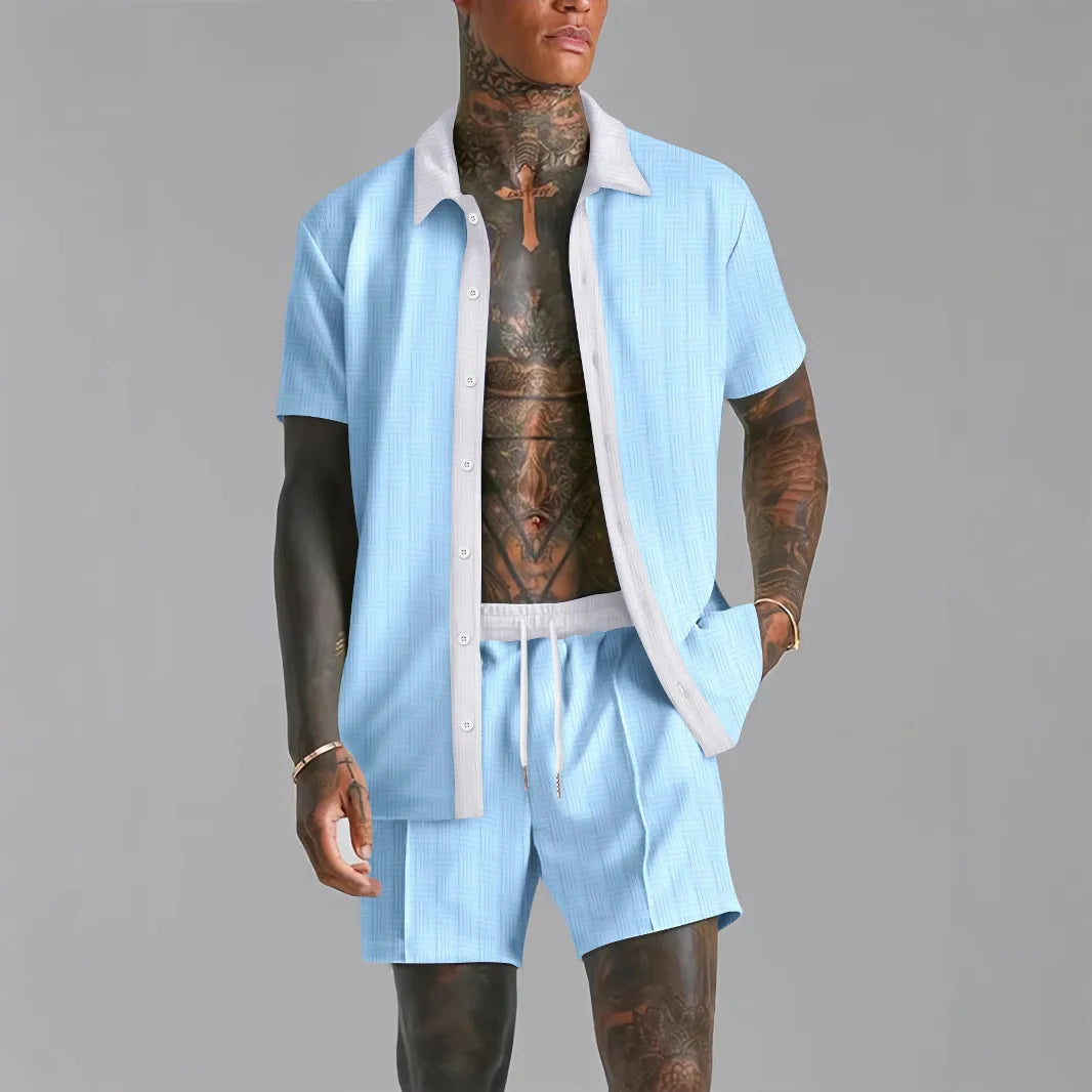 Summer Men's casual suit patchwork transparent lapel short-sleeved shirt & Shorts Stylish and comfortable two-piece streetwear