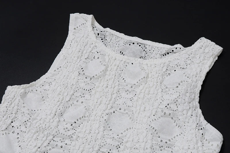 WhereMery Temperament Y2K Casual Streetwear Suits Summer Slim Sleeveless Lace Hollow Top and White Beach Skirt Women 2 Piece Set