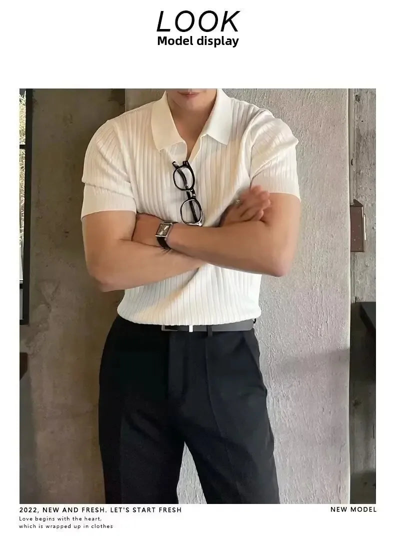 Summer New Light Maturity Knitted Polo Shirt Men's Korean Style Slim Fit Collar Pure Color Casual T-Shirt Cross-Border