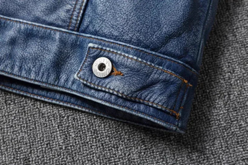 New Navy Blue Top Layer Cowhide Genuine Leather Jacket Men's Short Slim Fit Retro Motorcycle Lapel Casual Jacket Trendy