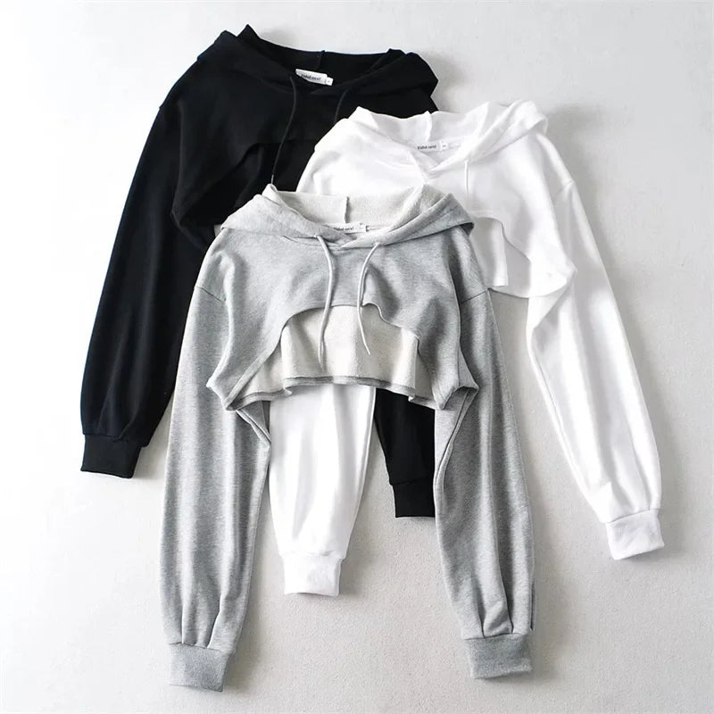 YPFF Spring New Style European Cropped Sports Drawstring Hooded Sweatshirt Women's Solid Color Versatile Long Sleeve Hooded Top