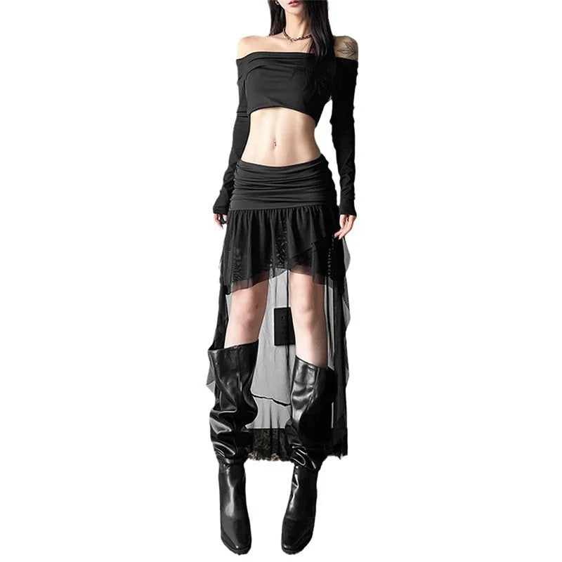 Lamuusaa Mesh Skirt y2k Clothes Women Solid Color High Waist Ruched Irregular Ruffle Hem Skirt Evening Party Skirts Streetwear