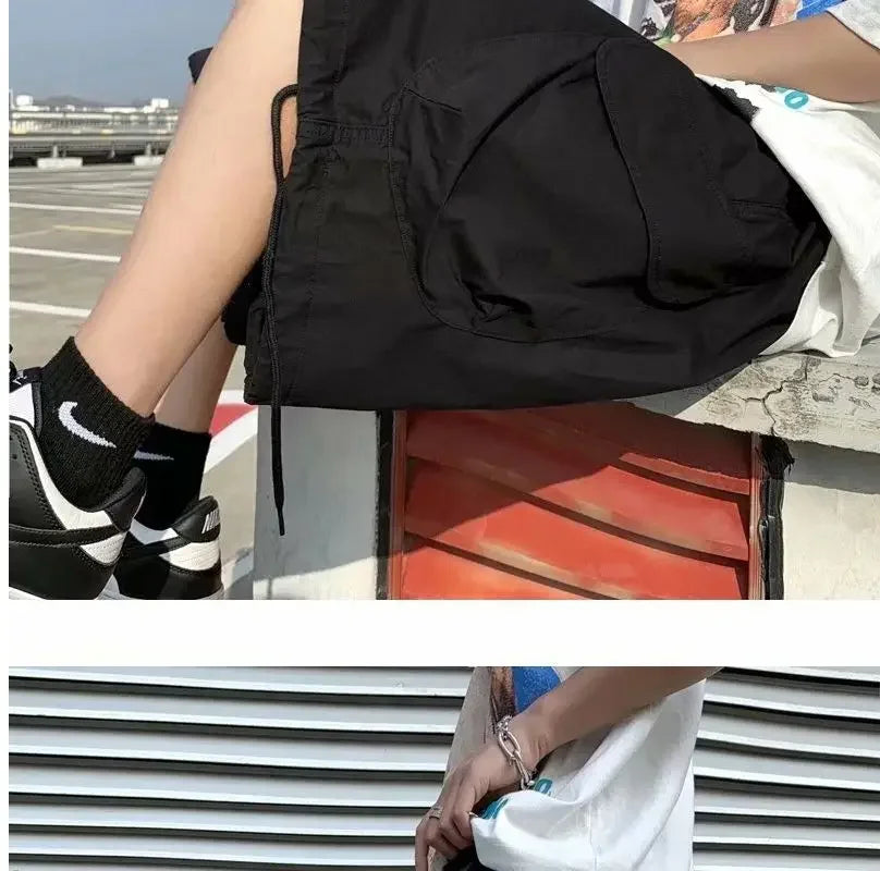 Khaki 7-point Men Summer Thin Japanese Workwear Wide-leg Loose Over-knee Shorts