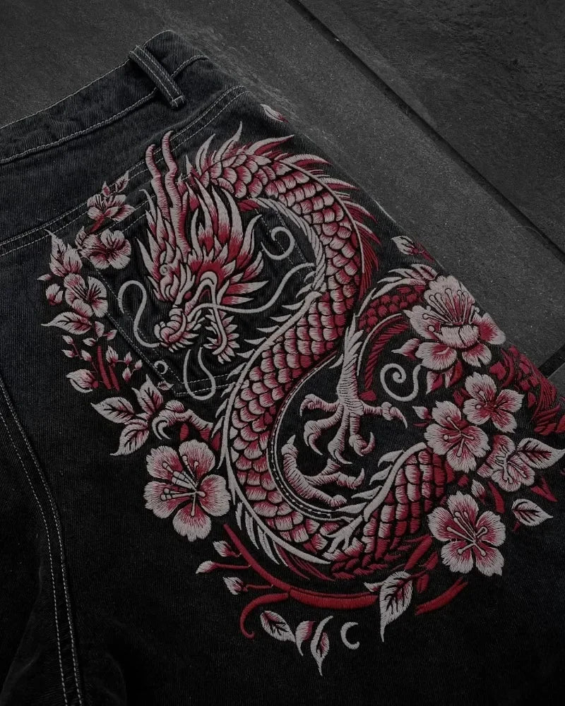 Y2K New American Retro Hip-Hop Cherry Blossom Dragon Print Loose Jeans For Men and Women Gothic Hip-Hop Casual Joker Street Wear