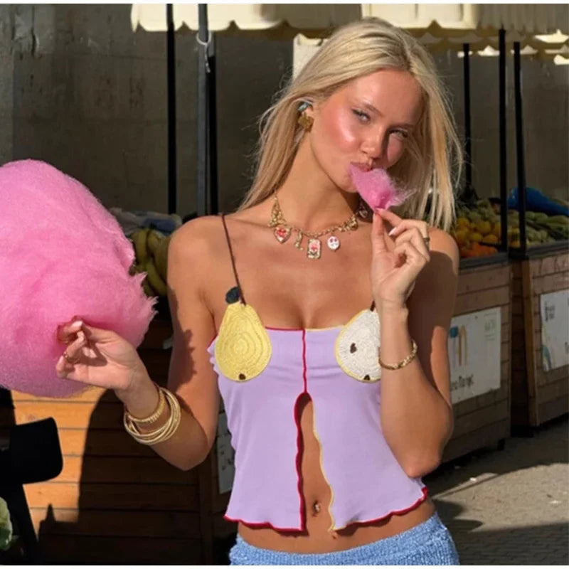Rib Embroidery Split Tank Top Women Sleeveless Backless Slim Contrast Color Strap Party Vest Summer 2025 Fashion Lady Tops