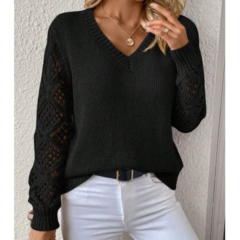 Autumn And Winter Fashion V-neck Pullover Sweater Elegant Women's Casual Hollow Long Sleeve Knitted Solid Color Loose Sweater
