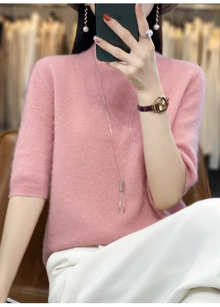 100% pure wool short sleeve summer new women's semi-high neck pullover blouse loose knit vest fashion T-shirt