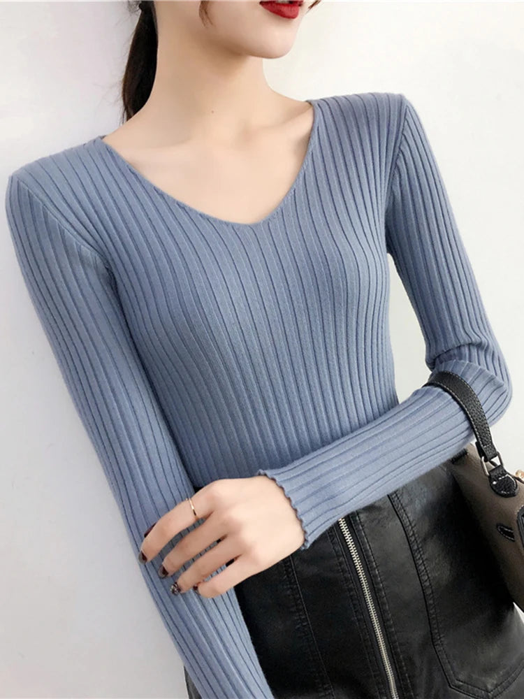 2025 V Neck Women Autumn Winter Sweaters Slim Knitted Pullovers Soft Warm Solid Jumper Female Sweater Casual Knitwear Jersey Top