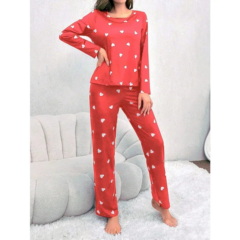 Women's Pajamas Casual Love Print Round Neck Long Sleeve Long Pants Fall and Winter Comfortable Set Girl Sleepwear Homewear