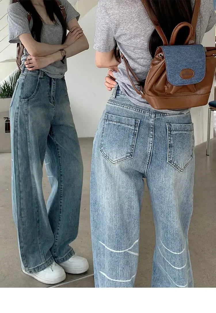 Vintage Baggy Jeans Womens' Loose-Fit Denim Pants Lightweight Bell Bottom Jean Retro Ladies' Denim Trousers Pockets Wide Pants