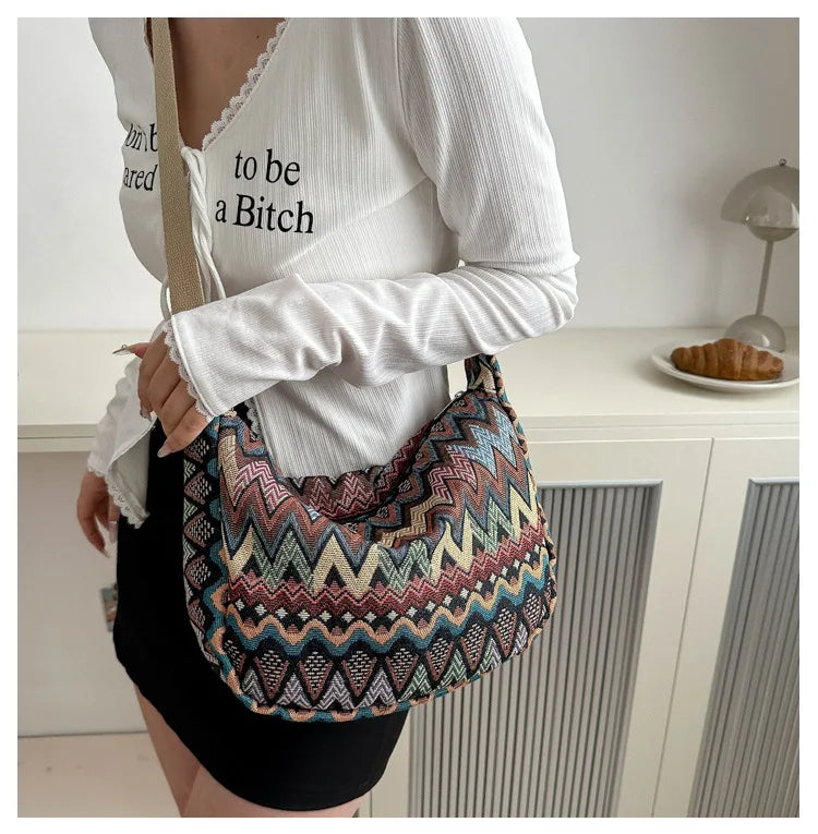 Wave Pattern Design Crossbody Bag for Women New Large Capacity Canvas Shoulder Bag Versatile College Students Dumplings Bag