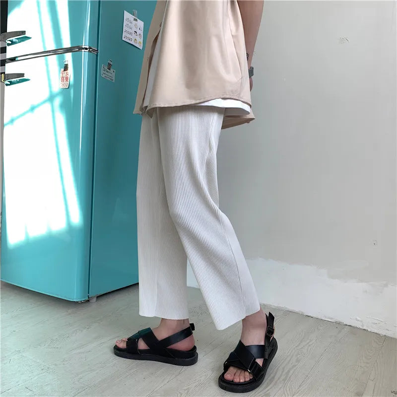 Pleated Pants Men Summer Straight Casual Pants Men Japanese Streetwear Loose Ice Silk Pants Mens Wide Leg Pants Man Trousers