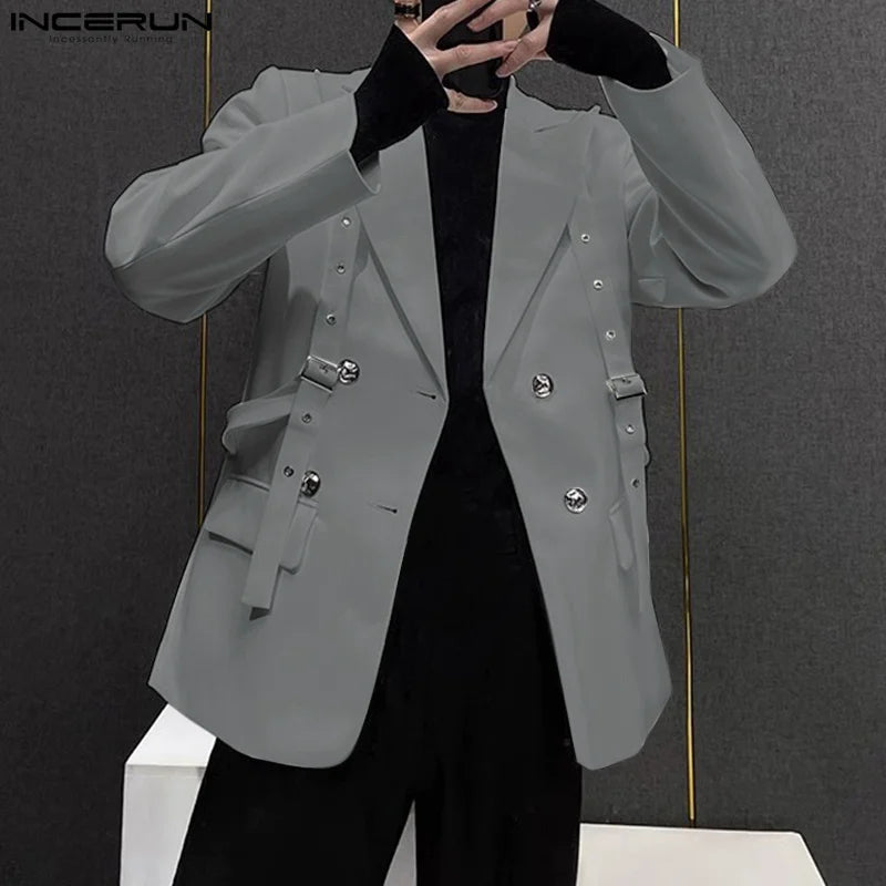 INCERUN Korean Fashion Men Blazer Casual Long Sleeve Solid Tops Pocket Button Steetwear Male Outfits Well Fitting Vintage Coats