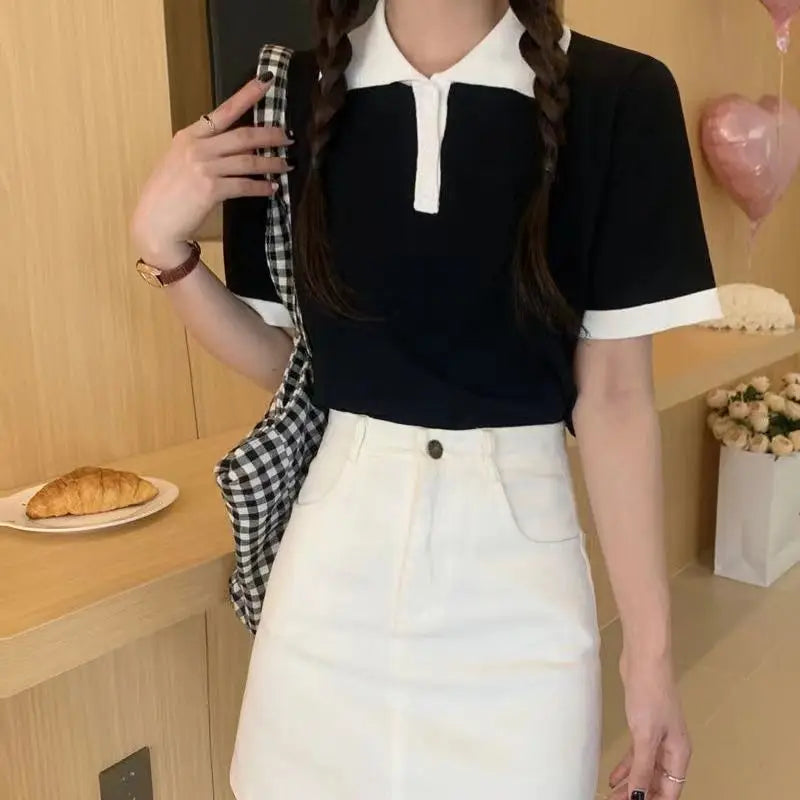 College Style Summer New Knitted Short-sleeved Ice Silk T-shirt Women's Polo Shirt Design Niche Short Underwear Top