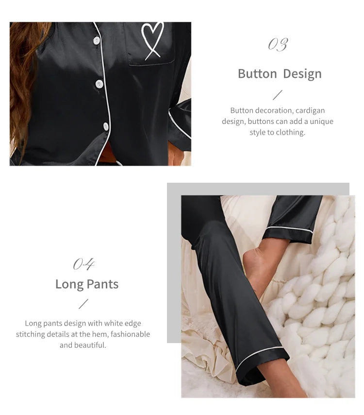 Women's Home Clothes Satin Pajama Autumn Long Sleeve Pocket Heart-shaped Embroidery Tops & Pants Pyjama Femme Loungewear Pj Set