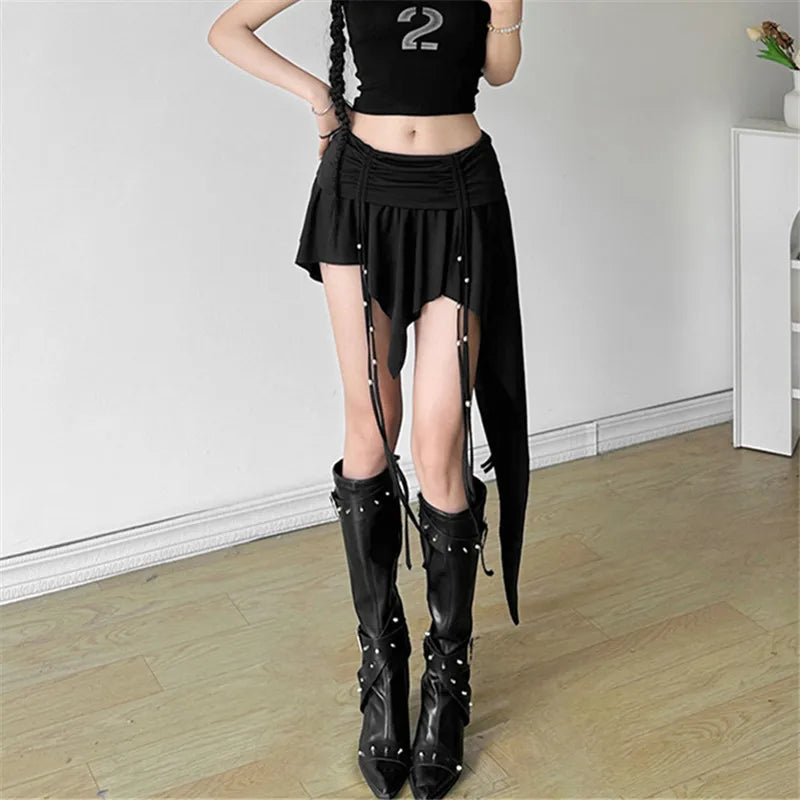 Goth Dark Mall Gothic Dropped Waist Drawstring Mini Skirt Punk Grunge Women Irregular Hem A-line Skirts Chic E-girl Techwear Y2K