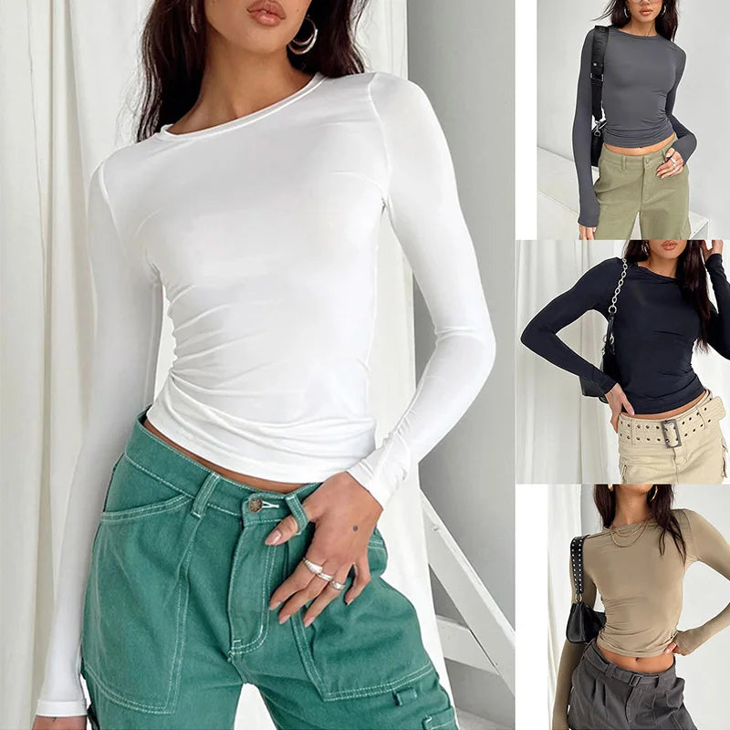 Women Casual Long Sleeve T-Shirts Spring Autumn Solid Slim Fit Pullovers Tees Shirts Female Streetwear Base Tees Tops