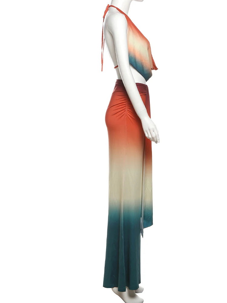 Weird Puss Sexy Colorful 2 Piece Set Women See Through Halter Tank Tops+Ruched Stretch Maxi Skirts Matching Midnight Clubwear