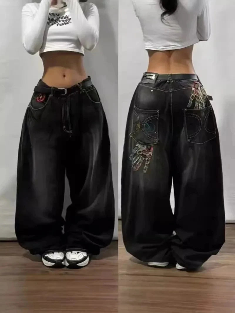 New High Waist 2025 American Retro Plant Flower Print Ladies Commuter Wide-leg Jeans Youthful and Beautiful Out of The Street
