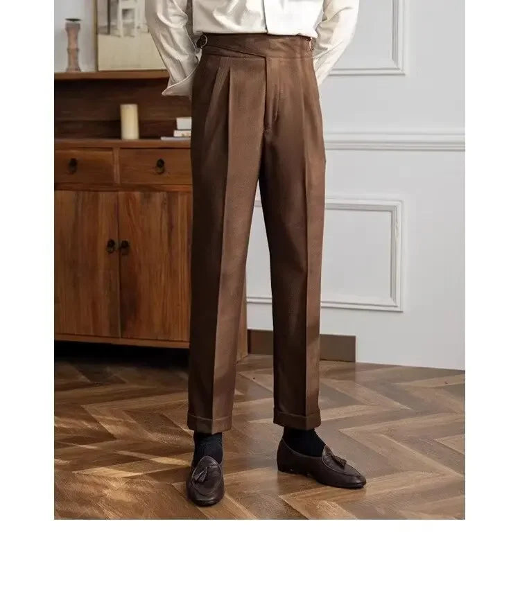 High-waisted Casual Straight-leg Suit Pants For Men Autumn Vintage Draped Waist Trousers Naples Retro Style Business Formal Wear