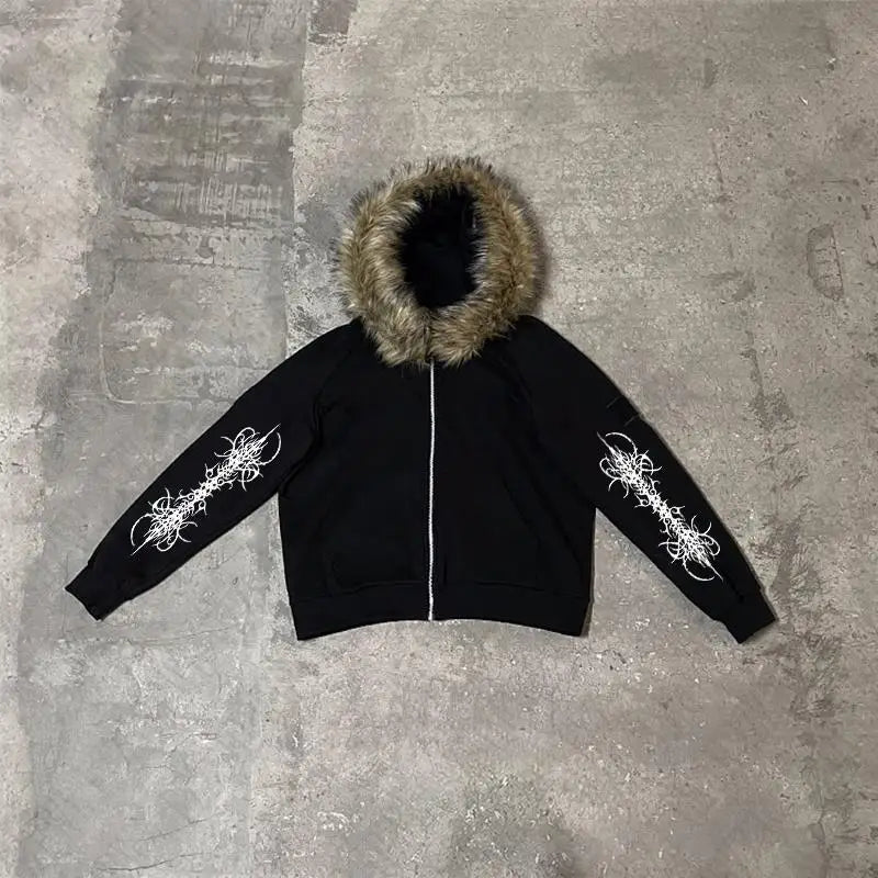 Y2K Zip up hoodie Rock Goth Harajuku Graphic Print Casual Zipper Hoodie sweatshirt Vintage Punk High street Hiphop Clothes Loose