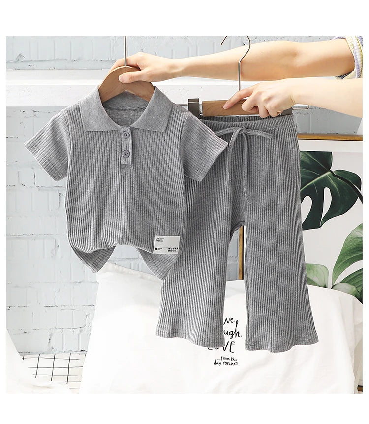 Summer Girls T-Shirt Set Short Sleeve Lapel Pullover Tops Elastic Waist Straight Pants Girl Casual Clothes 2Pcs Suits