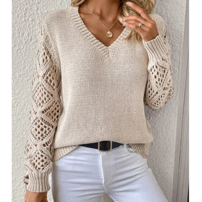 Autumn And Winter Fashion V-neck Pullover Sweater Elegant Women's Casual Hollow Long Sleeve Knitted Solid Color Loose Sweater