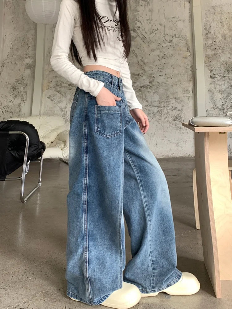 Trashy Y2K 2000S Washed Blue Baggy Stacked Jeans Pants Women 90S Vintage Designer Clothing Wide Leg Lady Trousers Ropa De Mujer