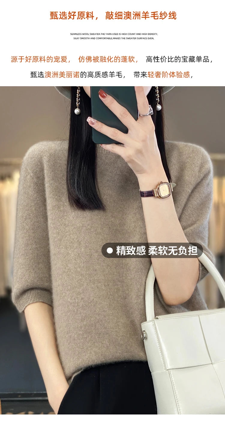 100% pure wool short sleeve summer new women's semi-high neck pullover blouse loose knit vest fashion T-shirt