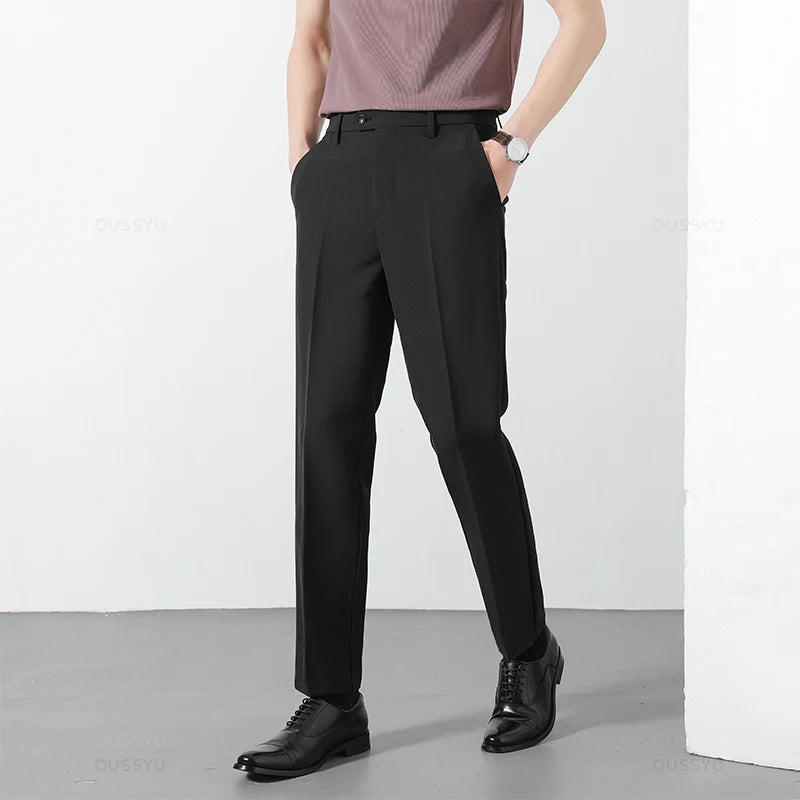Spring Summer Suit Pants Men Business Smooth Slim Business Office Social Elastic Waist Ankle Length Formal Korean Trousers Male