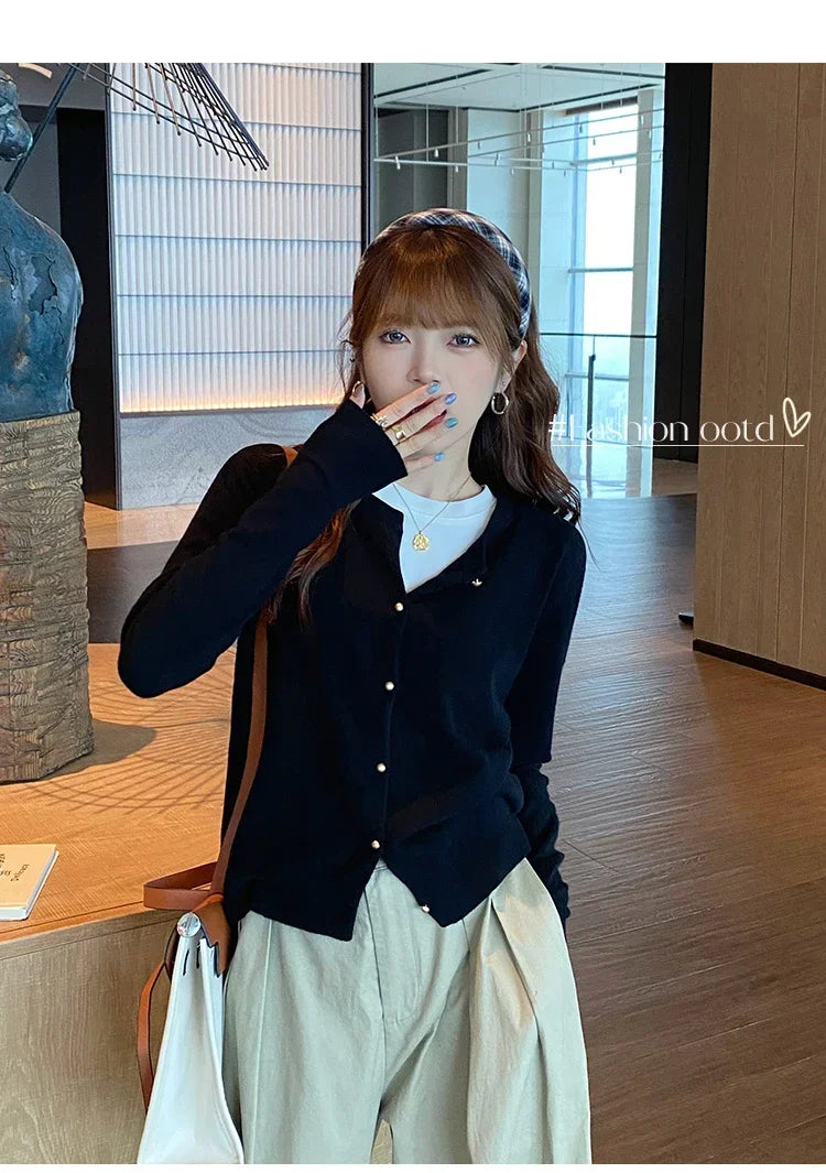 Solid Color Knitted for Women Cardigan Korean Single Breasted Long Sleeve Jumper Woman Round Neck All Match Cardigans Outwear