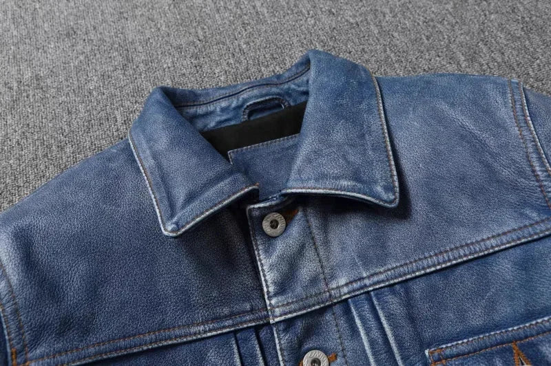 New Navy Blue Top Layer Cowhide Genuine Leather Jacket Men's Short Slim Fit Retro Motorcycle Lapel Casual Jacket Trendy